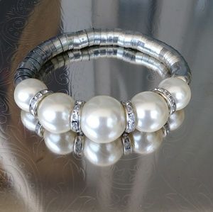 Pearl And Silver Beaded Stretchy Bracelet